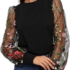 Embroidered Floral Mesh Large Black Blouse